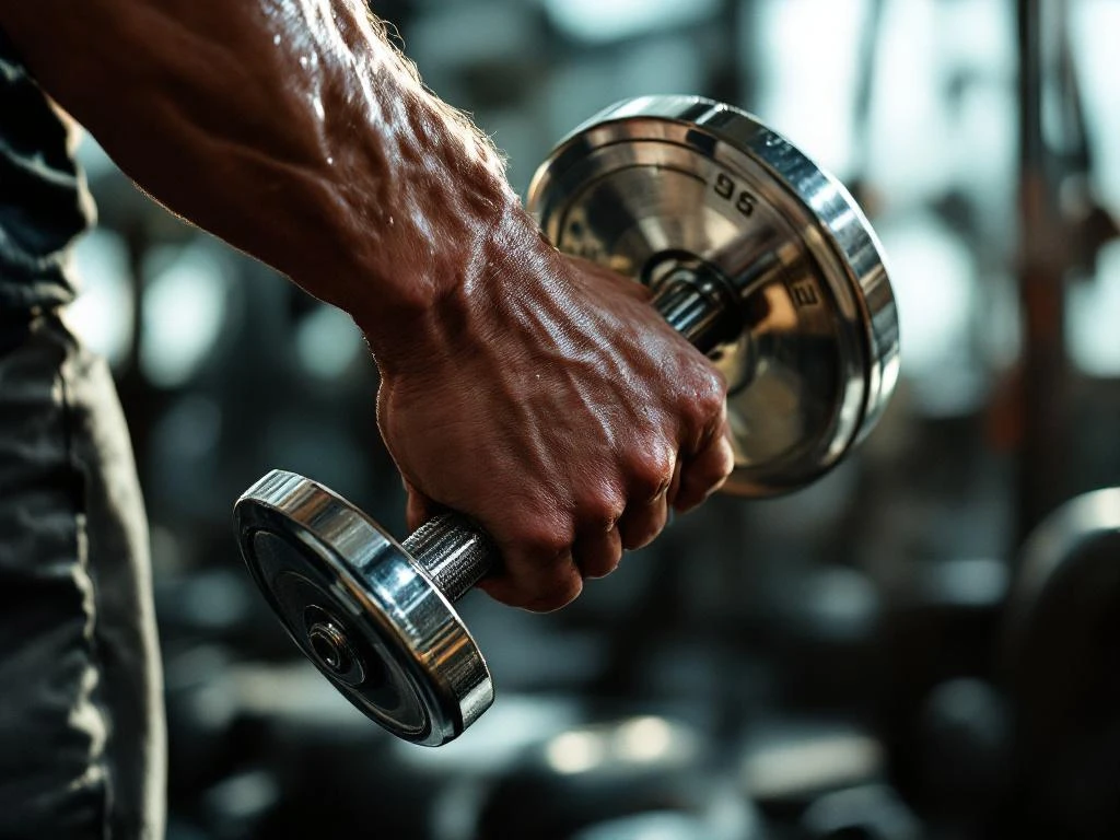 Gespierde onderarm grijpt chromen halter tijdens training, zweetdruppels zichtbaar, gewichten op achtergrond