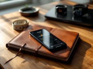 Smartphone met fitness-app op houten bureau naast sporthorloge, weegschaal en meetlint in natuurlijk licht