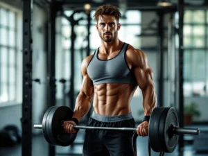 Atleet houdt halter en springtouw vast in moderne sportschool met natuurlijk licht door grote ramen