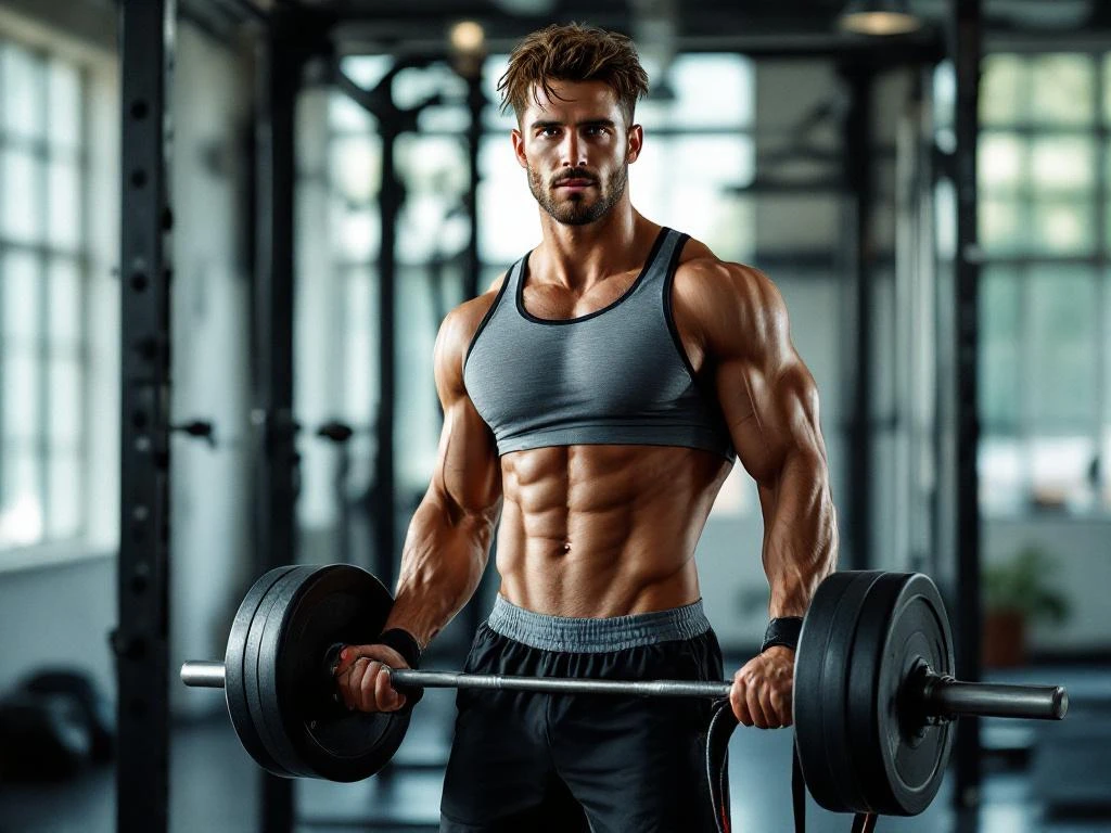 Atleet houdt halter en springtouw vast in moderne sportschool met natuurlijk licht door grote ramen