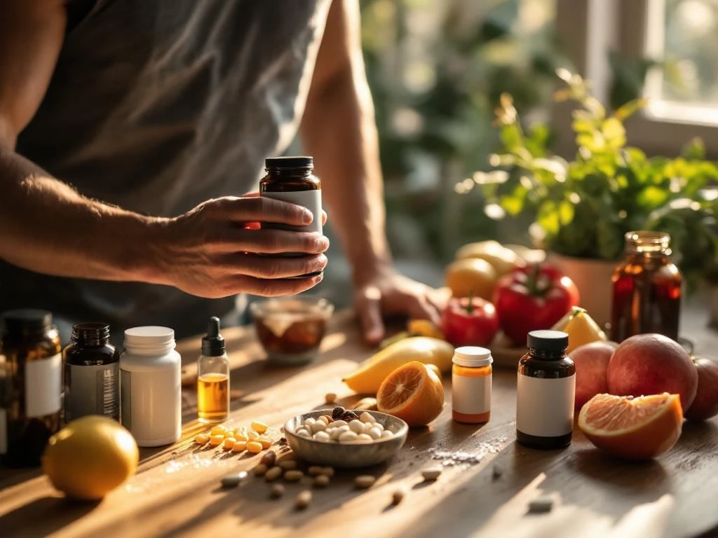 Persoon houdt supplementfles vast op keukentafel met eiwitpoeders, vitamines en verse groenten in warm zonlicht