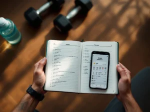 Handen houden workout dagboek open met fitness app op smartphone, halters en waterfles op houten vloer van sportschool