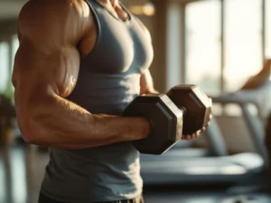 Gespierde persoon houdt zware halters vast in sportschool met loopband op achtergrond, natuurlijk licht