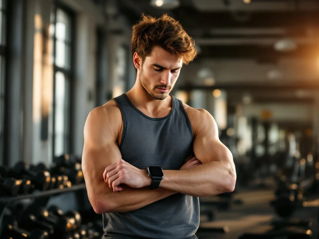 Gemotiveerde beginner in sportkleding controleert fitnesshorloge in moderne sportschool met halters op achtergrond