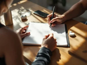 Atleet schrijft in fitnessplanner aan houten tafel met waterfles en oordopjes in natuurlijk ochtendlicht