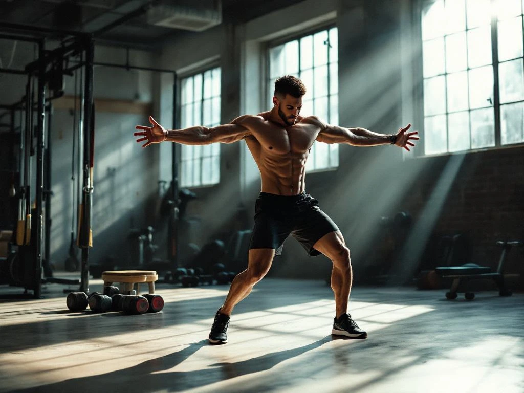 Atleet voert dynamische full-body oefening uit in moderne sportschool met halters en weerstandsbanden