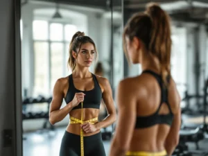 Fitte vrouw meet taille met meetlint en toont bicep in spiegel van moderne fitnessruimte met halters op achtergrond