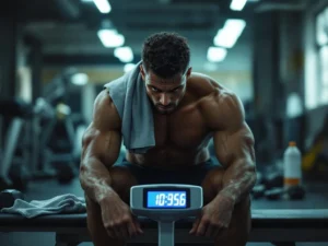 Gefrustreerde persoon in sportkleding kijkt naar onveranderde weegschaal in sportschool, halters en handdoek rondom