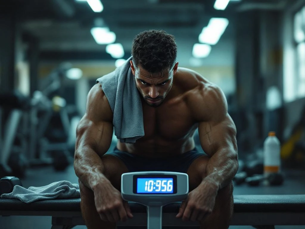 Gefrustreerde persoon in sportkleding kijkt naar onveranderde weegschaal in sportschool, halters en handdoek rondom