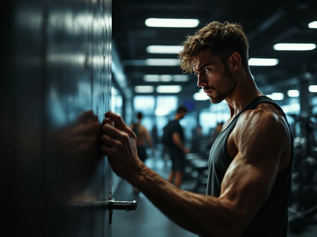 Nerveuze jongere staat aarzelend bij ingang van moderne sportschool, grijpt deurknop vast terwijl ze naar binnen kijkt