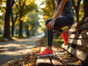 Beginnende hardloper strekt hamstring tegen parkbank op bomenlaan tijdens gouden ochtendlicht