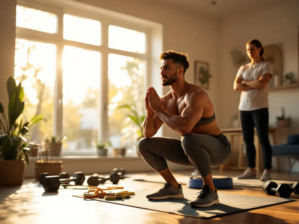 Persoon doet bodyweight squat in moderne thuisgym met personal trainer, natuurlijk licht door grote ramen