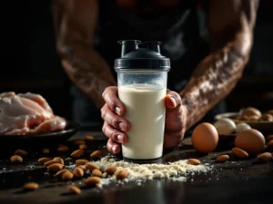 Gespierde atleet houdt eiwitshaker vast op houten aanrecht met kip, eieren en amandelen, dramatische belichting