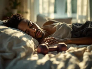 Fitness atleet slaapt vredig in bed met sportkleding en halters zichtbaar, zachte ochtendlicht door gordijnen