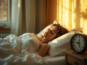 Persoon rust ontspannen in bed tijdens gouden uur met zachte lakens, houten nachtkastje en warme natuurlijke lichtinval