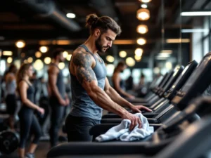 Sportschoolbezoeker maakt fitnessapparatuur schoon met handdoek terwijl anderen respectvol afstand houden in moderne sportschool