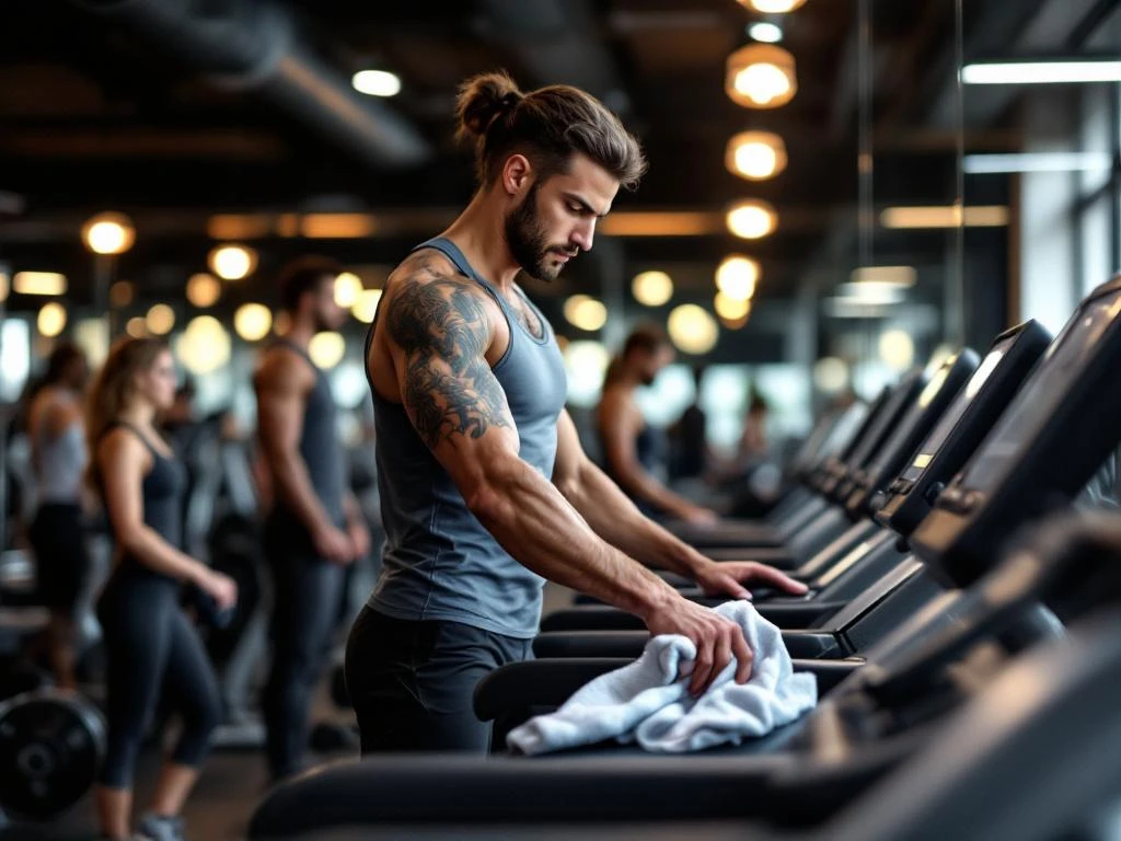 Sportschoolbezoeker maakt fitnessapparatuur schoon met handdoek terwijl anderen respectvol afstand houden in moderne sportschool