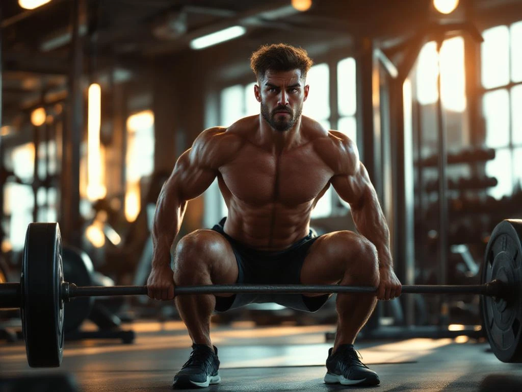 Beginnende sporter voert squat uit met slechte vorm in moderne sportschool met halters en gewichten op achtergrond