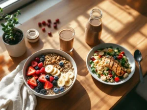 Houten keukentafel met pre- en post-workout maaltijden: havermout met fruit en gegrilde kip salade met quinoa