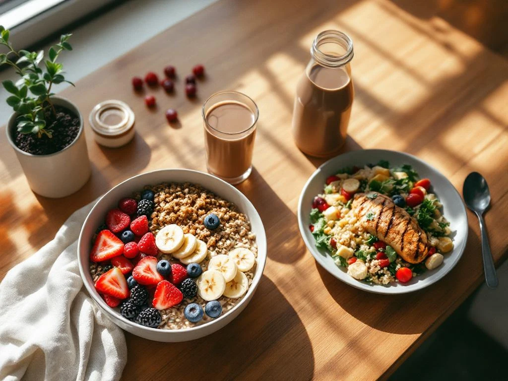 Houten keukentafel met pre- en post-workout maaltijden: havermout met fruit en gegrilde kip salade met quinoa