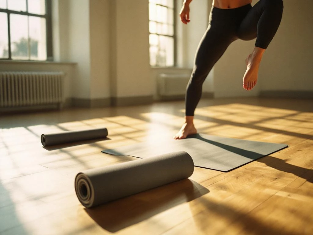 Fitness enthusiast doet dynamische beenswing warming-up naast yoga mat in lichte sportschool met houten vloer
