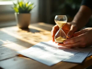 Handen houden zandloper met gouden zand boven kalenderbladen op houten bureau, ochtendlicht, plant op achtergrond