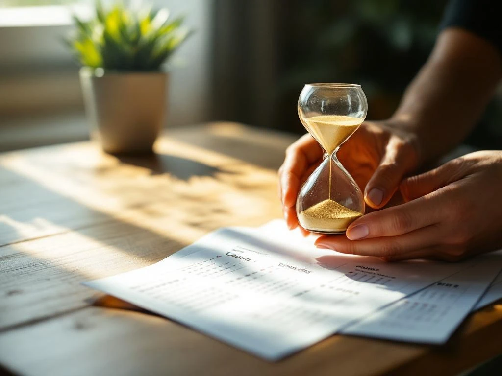 Handen houden zandloper met gouden zand boven kalenderbladen op houten bureau, ochtendlicht, plant op achtergrond