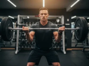 Atleet grijpt halter tijdens krachttraining in gym, gespannen onderarmen en zweet zichtbaar onder warm licht.