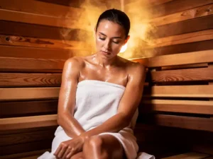 Zwetige atleet in witte handdoek ontspant in cederhout sauna met opstijgende stoom en warm amberkleurig licht.