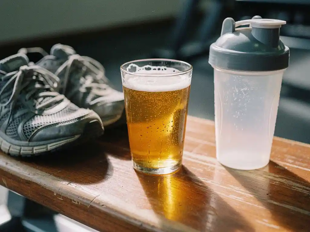 Koud bierglas met condensdruppels op een houten gymbank naast sportschoenen en een proteïneshaker, zacht natuurlijk licht.