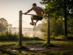 Sporter voert een krachtoefening uit op een buitenfitnesspaal in een Rotterdams park, met de Erasmusbrug zichtbaar in de ochtendmist.