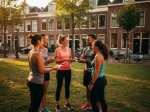 Diverse volwassenen in sportkleding lachen en wisselen contactgegevens uit na een buitenworkout in een Rotterdams buurtpark.