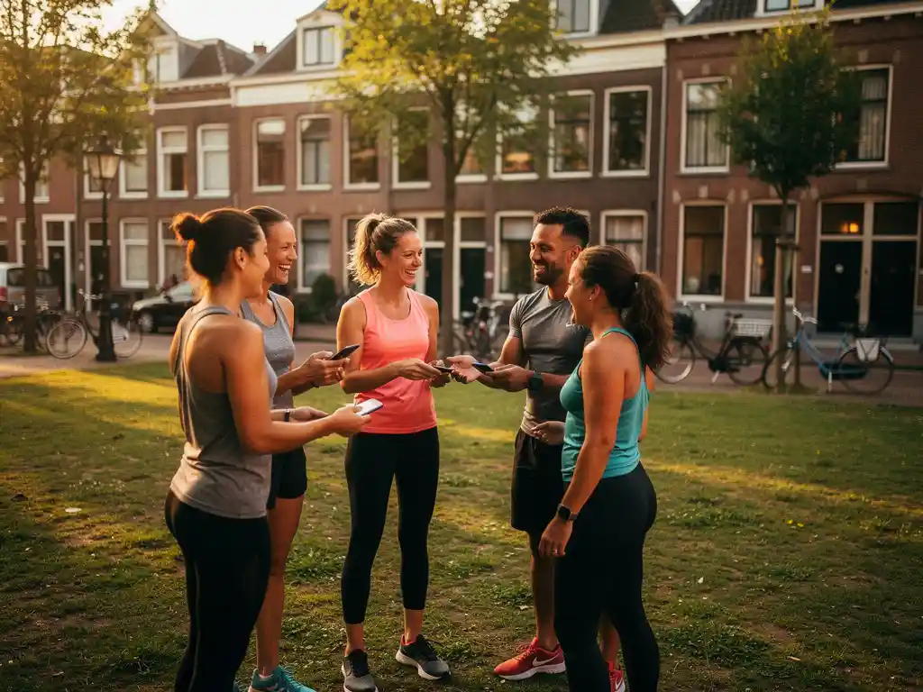 Diverse volwassenen in sportkleding lachen en wisselen contactgegevens uit na een buitenworkout in een Rotterdams buurtpark.