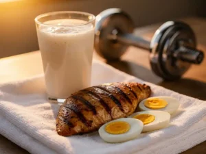 Proteïneshake in helder glas naast gegrilde kipfilet en gekookte eieren op witte gymhanddoek, dumbbell op achtergrond.