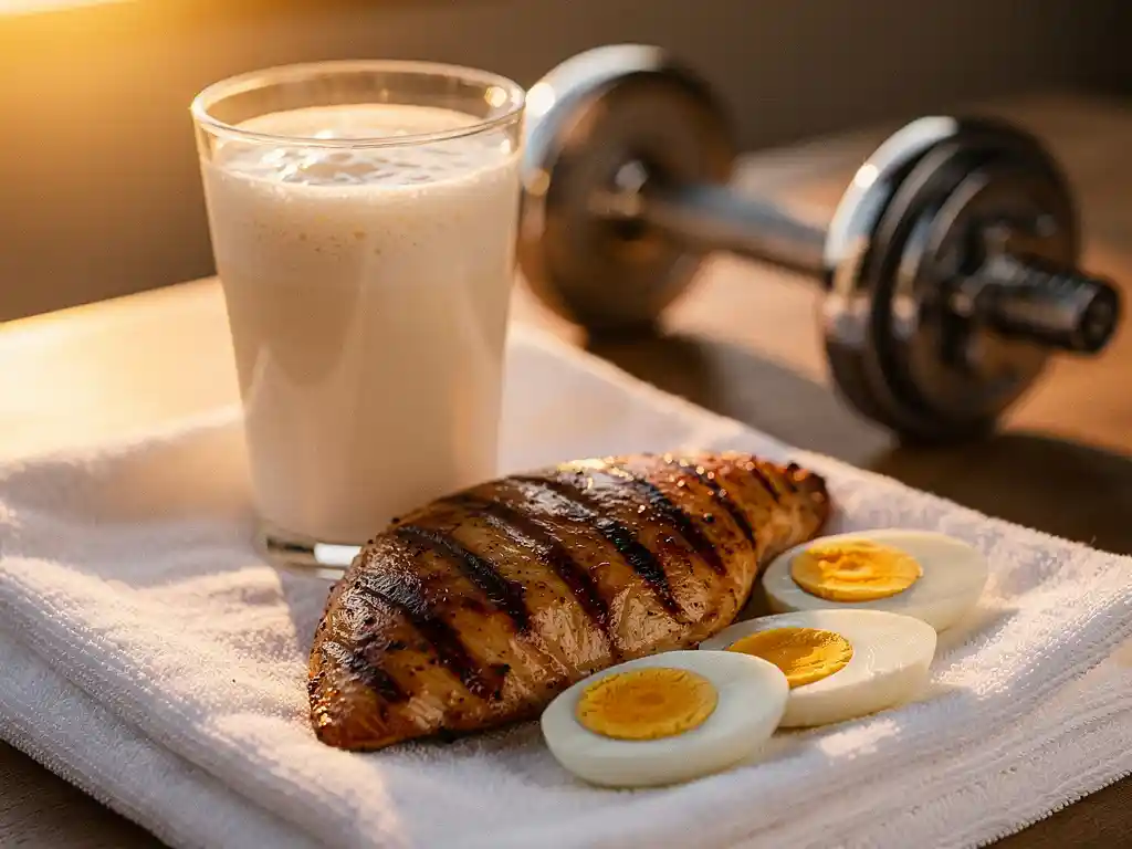Proteïneshake in helder glas naast gegrilde kipfilet en gekookte eieren op witte gymhanddoek, dumbbell op achtergrond.