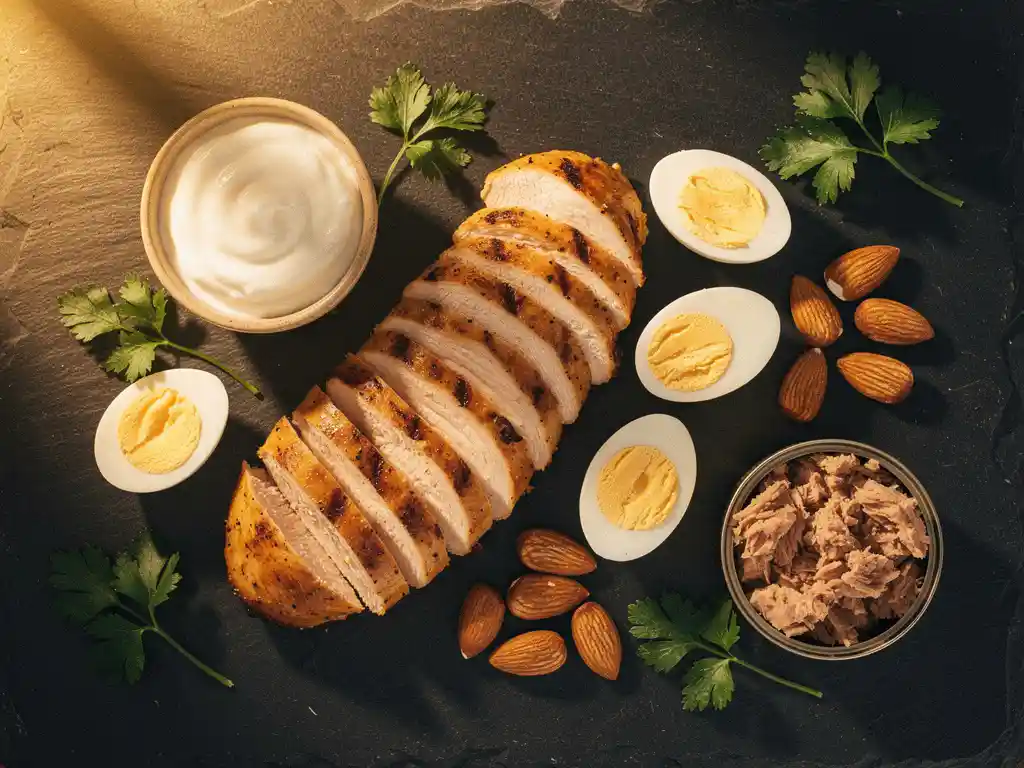 Flatlay van eiwitrijke voeding: gegrilde kipfilet, gekookte eieren, Griekse yoghurt, tonijn en amandelen op leisteen.
