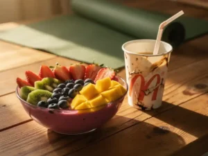 Kleurrijke smoothiebowl met vers fruit naast een verwelkte fastfoodbeker op houten keukenoppervlak, yogamat op de achtergrond.
