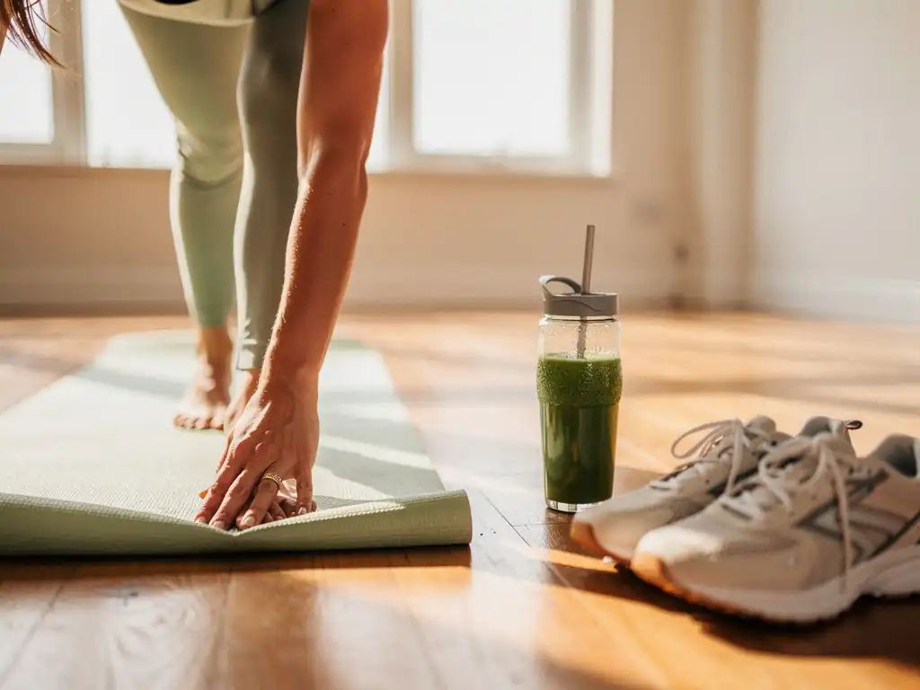 Persoon die eerste stap op yogamat zet in zonnige studio, met groen smoothie en hardloopschoenen op houten vloer nearby.