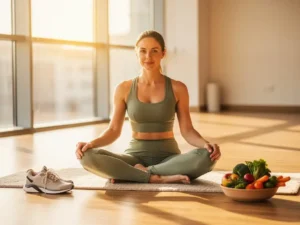Vrouw zit gekruisbeens op yogamat in lichte studio, met kleurrijke groentesbowl en hardloopschoenen, zonlicht door grote ramen.