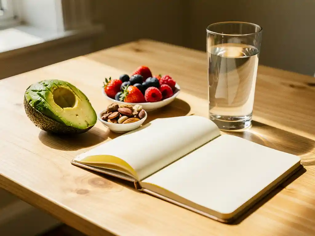 Kleurrijke lunchs pread op houten bureau met avocado, bessen, noten en een glas water naast een open notitieboek in warm natuurlijk licht.