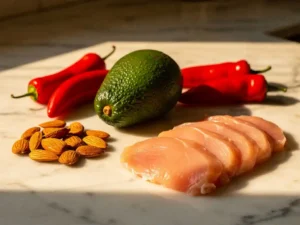 Avocado's, rode chilipepers, rauwe amandelen en gesneden kipfilet op een marmeren aanrecht in warm goudkleurig licht.