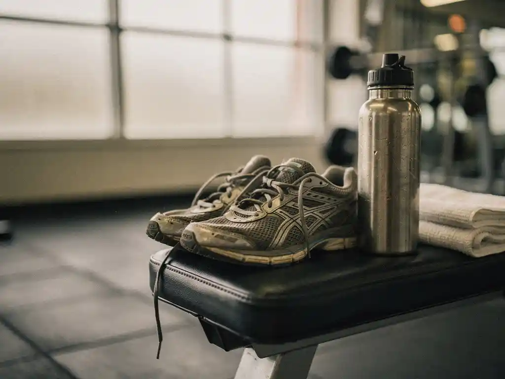 Versleten hardloopschoenen op een gymbank met losgebonden veters, een waterfles en gevouwen handdoek in zacht natuurlijk licht.