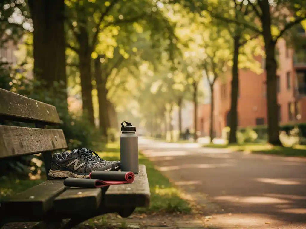 Versleten hardloopschoenen op een houten bankje in een zonnig Rotterdams stadspark, naast een herbruikbare waterfles en een weerstandsband.