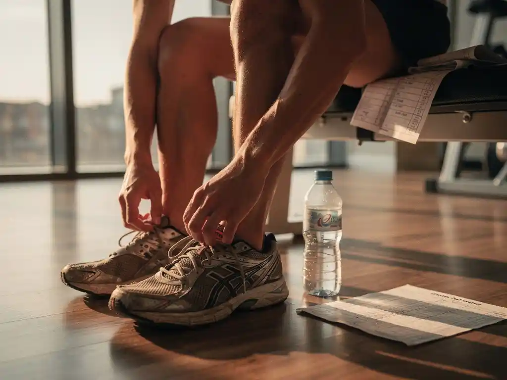 Persoon die versleten hardloopschoenen vaststrikt op een gymbank, met een waterfles en trainingsschema ernaast, warm natuurlijk licht.