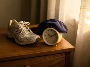 Versleten hardloopschoen naast een slaapmasker en analoge wekker op een houten nachtkastje in zacht ochtendlicht.