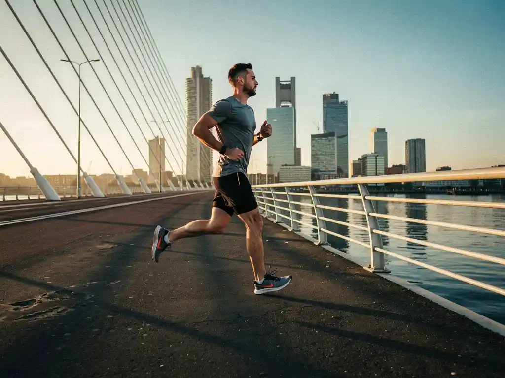 Hardloper in sportkleding steekt de Erasmusbrug over bij gouden uur, met Rotterdam's skyline weerspiegeld in de Maas.