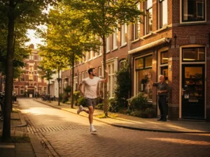 Hardloper groet winkelier bij bakstenen rijwoningen op een zonnige straat in Rotterdam tijdens het gouden uur.