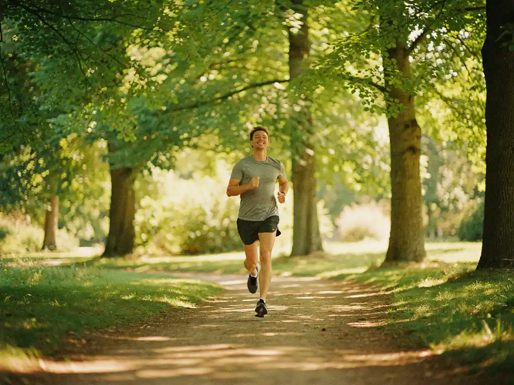 Persoon joggt kalm door zonnig parkpad omzoomd met hoge groene bomen, gouden licht filtert door bladeren.