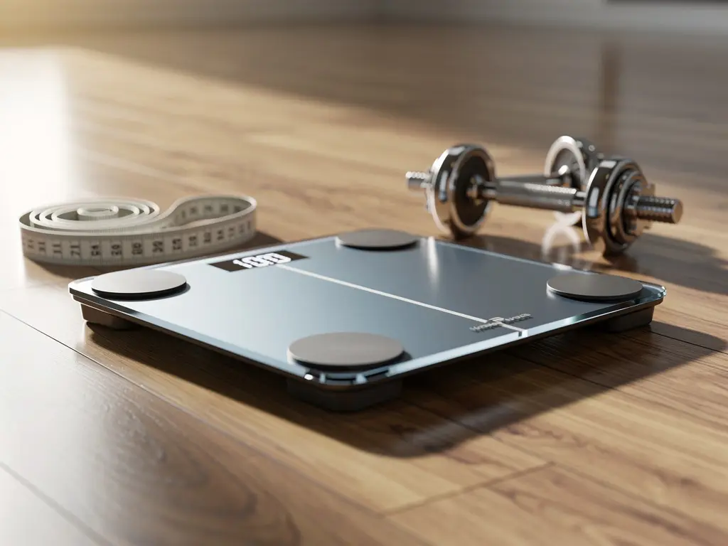 Lichaamssamenstelling weegschaal op houten gymvloer naast meetlint en dumbbell, zacht ochtendlicht op chroom en mat rubber.