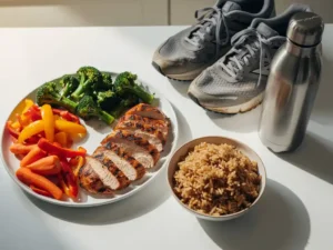 Maaltijdprep met gegrilde kip, groenten en bruine rijst naast een waterfles en hardloopschoenen op een wit aanrecht.